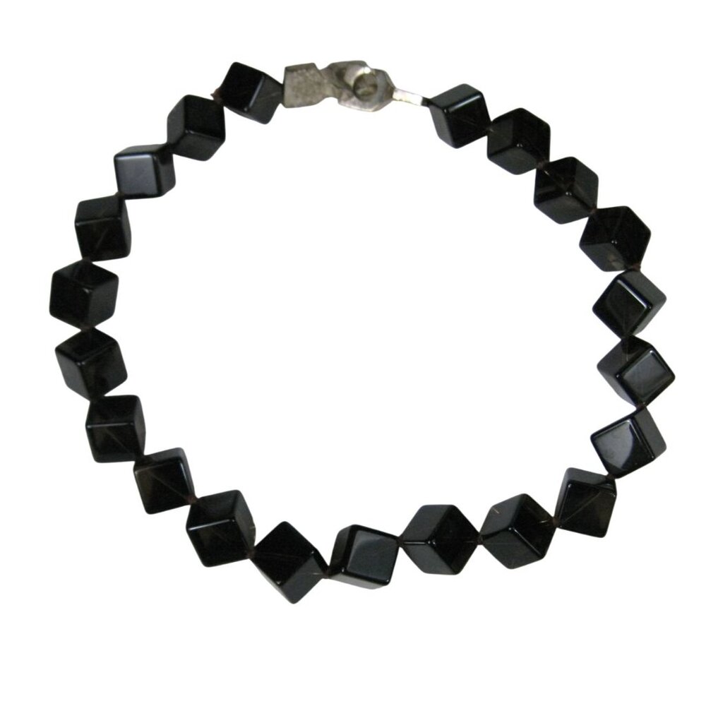 Artisan Signed Stone Cube Beaded Necklace Silver Tone Clasp 16 in Statement